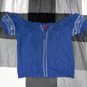 Blue Off-Shoulder Top with Embroidered Sleeves